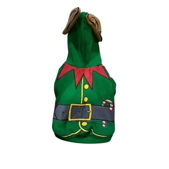Green pet sweater, Christmas elf who did dog costume so small
