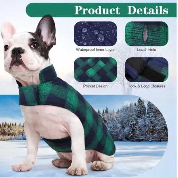 Kouser British Style Green Plaid Winter Dog Coat Jacket Reversible Size L NEW