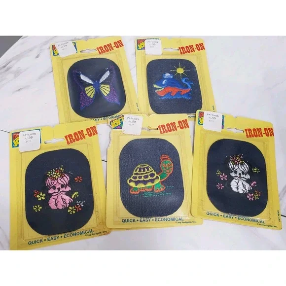 Lot 6 70s Embroidered‎ Joy-Patch Iron-On Denim Turtle Dog Elephant Butterfly