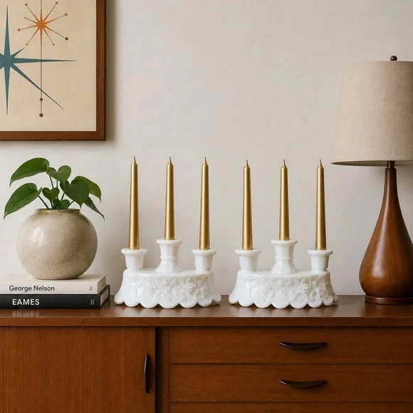 Westmoreland‎ Milk Glass Grape Triple Candelabra Pair Scalloped Base Set 2