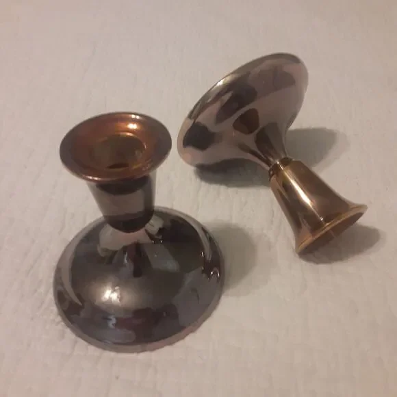 Vintage Tarnish Resistant Copper Plate /Glass Candlesticks ×2