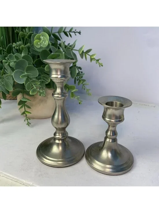 Vintage Weighted Pewter Candlestick Mixed Height Candle Holders Set of 2