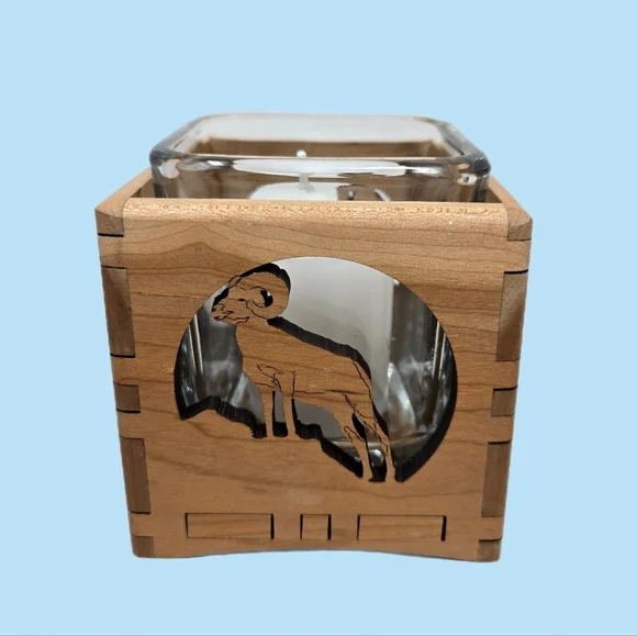 Wood You Tell Me Inc Cherry Wood Ram On Hill Cut Out Glass Insert Candle Holder