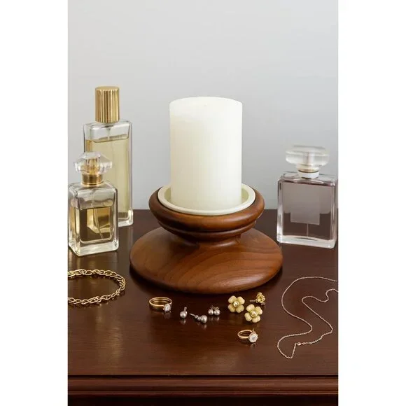 Vintage Teak Wood Pillar Candle Holder White Ceramic Insert Mid Century Modern