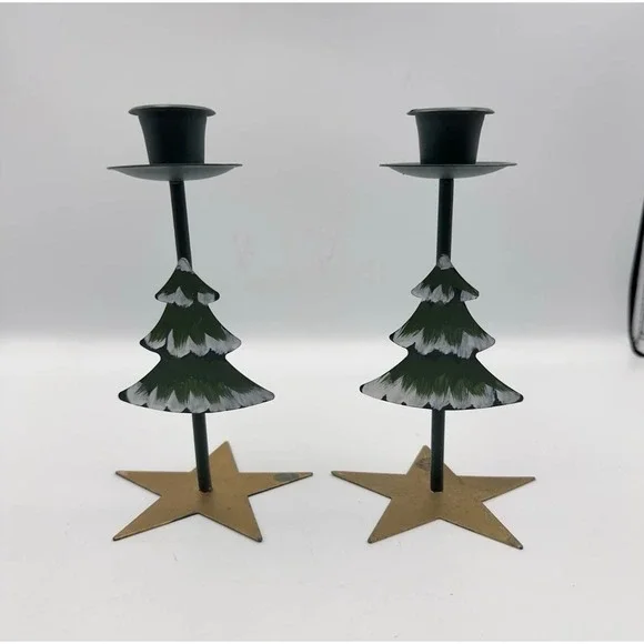 Vintage Metal Christmas Tree Taper Candle Holders‎ Set of 2 Star Base Green Gold