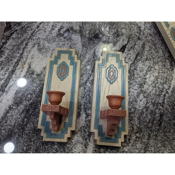 Vintage Home Interior Homco Santa Fe Aztec Candle Holder Wall Sconces Pair 1995