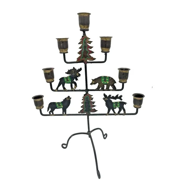 Vtg Handpainted Rustic Cabin Folk Art‎ 7 Taper Candelabra Wildlife Animals
