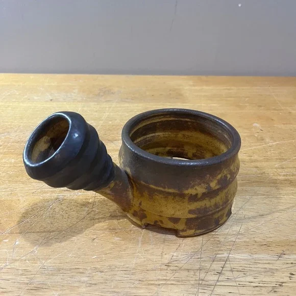 M. Bowen Studio Pottery Brutalist Stoneware‎ Candle Holder Vtg Mustard Brown