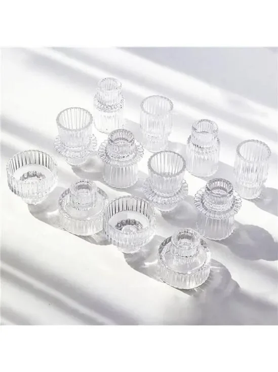 Clear Glass Taper Candle Holders Set of 12 Ribbed Candlestick Stands Table Cente