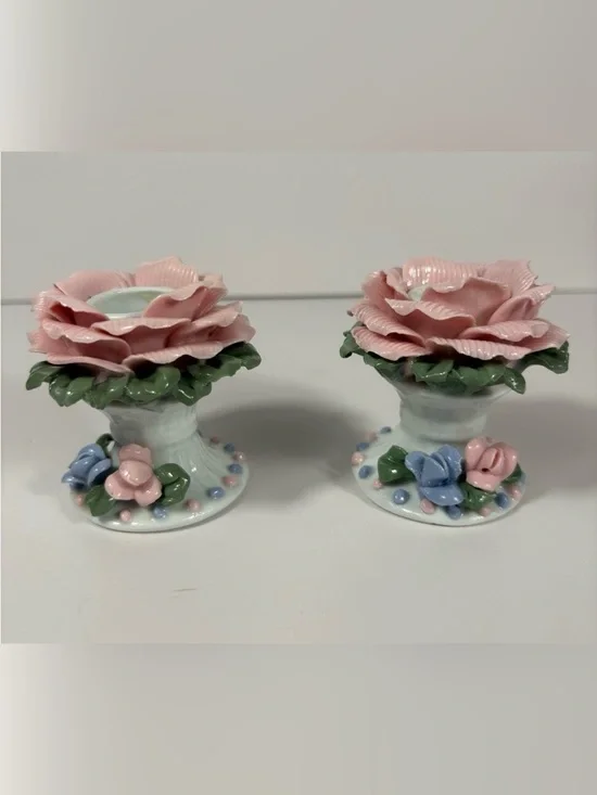 Vintage Porcelain Tapered Candle Holders with Pink and Blue Roses.  3”T x 2.25”W