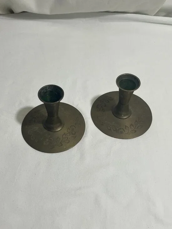 Vintage Pair Etched Solid Brass Candlestick Holders India Floral Taper Candle 3.