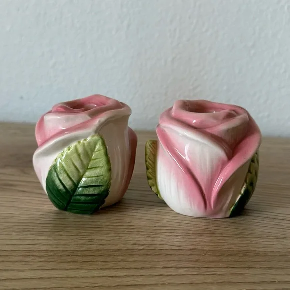 Fitz & Floyd OCI Omnibus Pink Rose‎ Shaped Taper Candle Holders Set of 2 Vintage