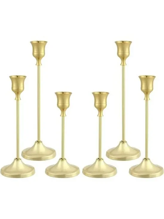 Gold Metal Taper Candle Holders Set of 6 Decorative Pillar Candlestick Centerpie