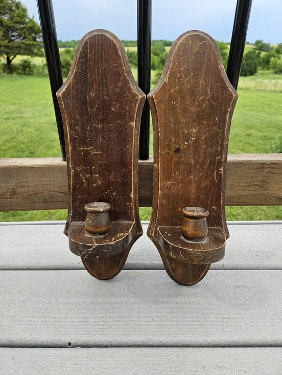 Vtg Pair Wood Wall Sconce Candle Holders Farmhouse Primitive Shelf Set of 2