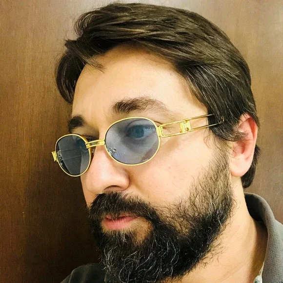 Oval‎ Sunglasses Gold Frame Blue Lens UV400 Protection Men Retro Classic Shades