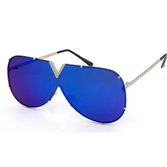 Rimless Shield Sunglasses Blue Mirrored Lens V Cutout Accents Fashion Trendy New