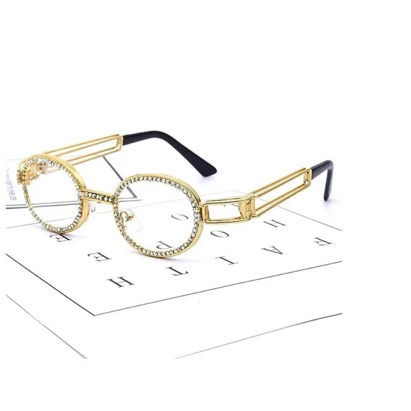Rhinestone Round Glasses Gold Frame Hip Hop‎ Fashion Men's Sunglasses Sreet Wear