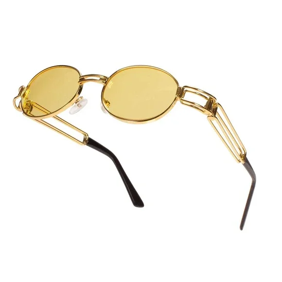 Gold Frame Sunglasses Yellow Lens UV400 Protection Men Classy‎ Retro Oval Shades