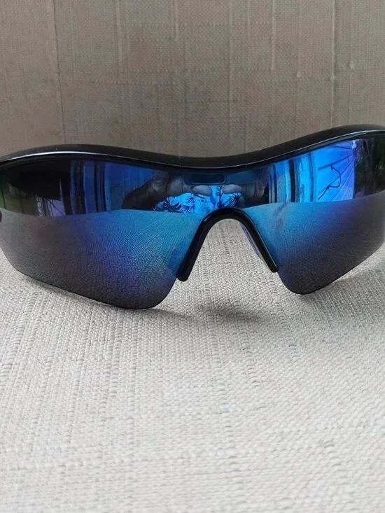 NYS city Men Sunglasses Black Wrap Sport Eyewear Shades Blue Mirror Lenses