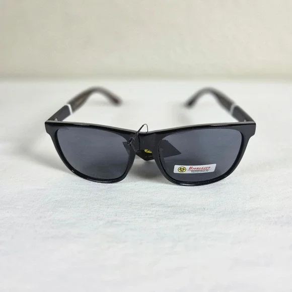 Biohazard Sunglasses Black Square Frame Wood Grain Arms UV400 Protection NEW