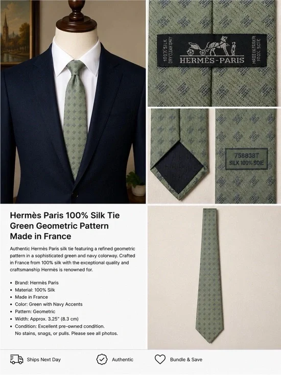 Hermès Green Geometric Silk Tie