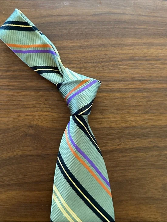 Robert Talbott Estate Mint Green Striped Silk Tie with Purple and Orange Accents
