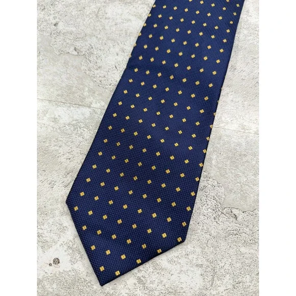 Henry Jacobson Necktie Mens OS Navy Blue Gold Square Geometric Silk