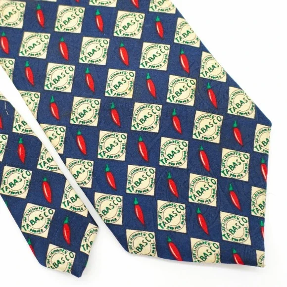 Tabasco Blue Pepper Silk Tie Wide Jacquard Print Green‎ Red