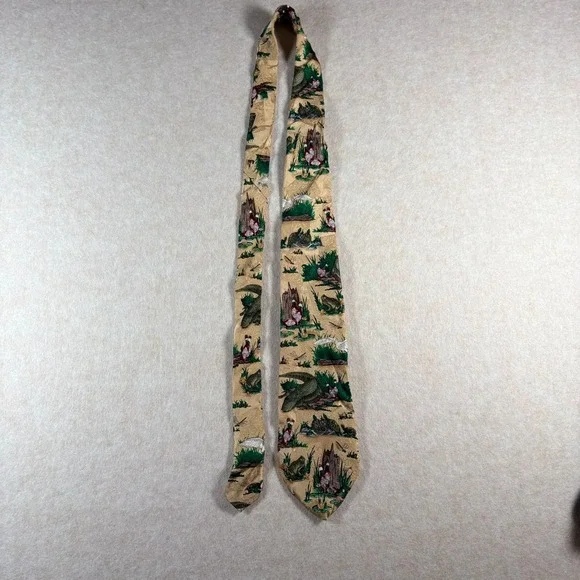 Vintage Tabasco Alligator Silk Necktie Bayou Frog Turtle Heron Novelty Tie