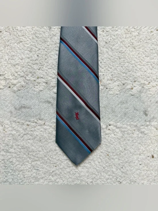 YSL Yves Saint Laurent tie gray, red, white and blue silk blend neck tie