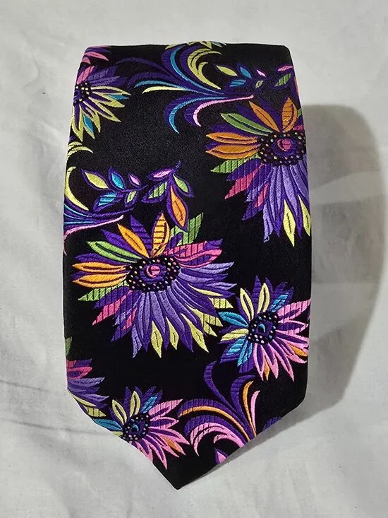Duchamp Hand Made in England 100% Silk Necktie - Black Multicolor Floral