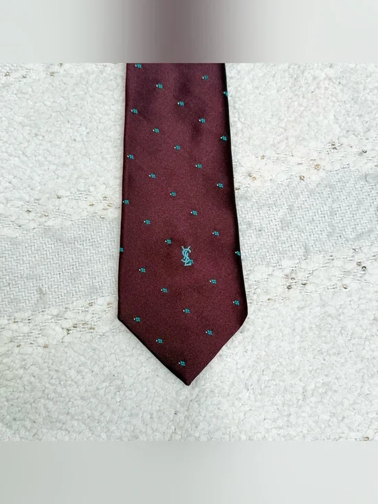 YSL Yves Saint Laurent tie maroon, blue and white 100% silk neck tie