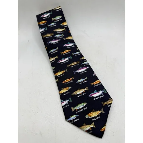 Alynn Neckwear The Trout Family Tie Navy Multicolor Fish 3.25” X 58.5”