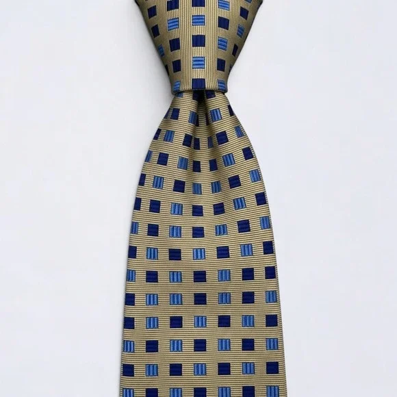 Brooks Brothers Necktie Adult Gold Blue Geometric Silk Woven In England USA Made