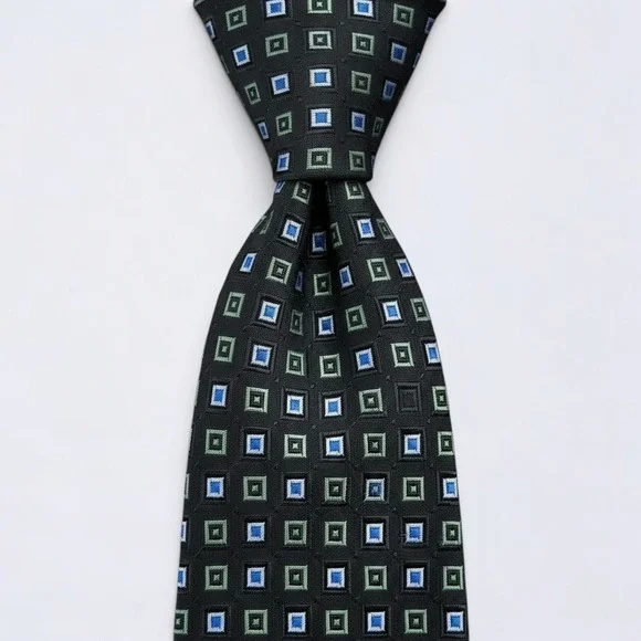 BOSS Hugo Boss Tie Adult Black Blue Green Geometric Square Silk Made in Italy