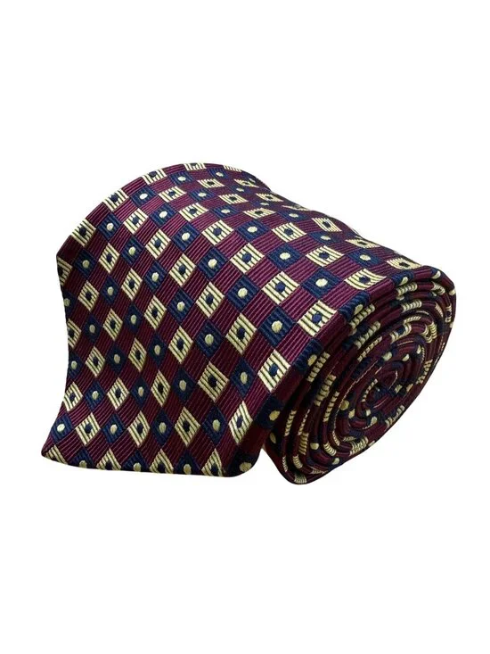 Faconnable Mens Burgundy Silk Patterned Tie Geometric Print 100% Silk
