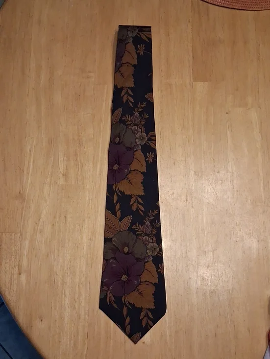Ralph Lauren Polo Navy Blue Floral Tie with Gold and Purple Accents 100% Silk