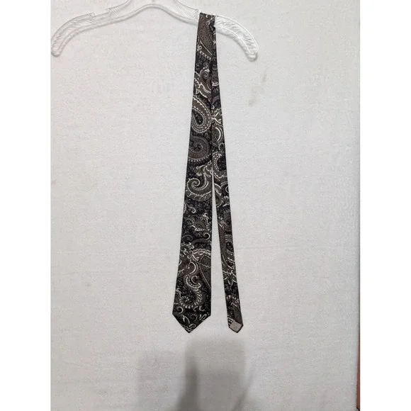 Christian Dior Mens Silk Tie Black Grey Taupe Paisley Fabric Woven in Italy USA