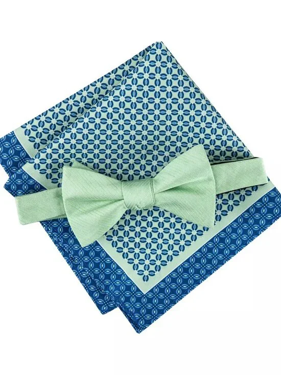Tommy Hilfiger Men's Solid Bow Tie & Medallion Pocket Square Set, Green Blue