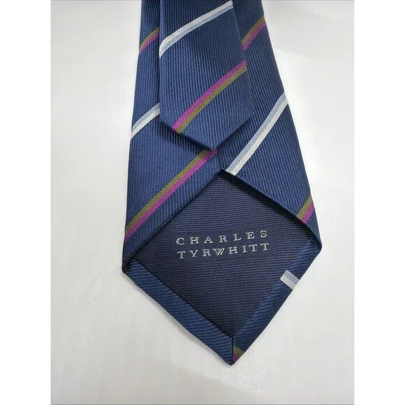 Charles Tyrwhitt Tie Navy, Pink, White, Green Diagonal Stripe Necktie Italy Made