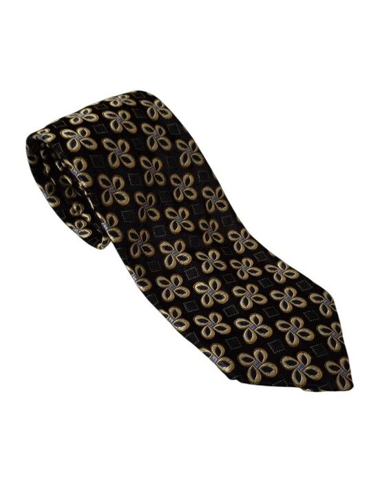 NOS VTG Robert Talbott For Norman Stockton Black Gold Silk Geometric Print Tie