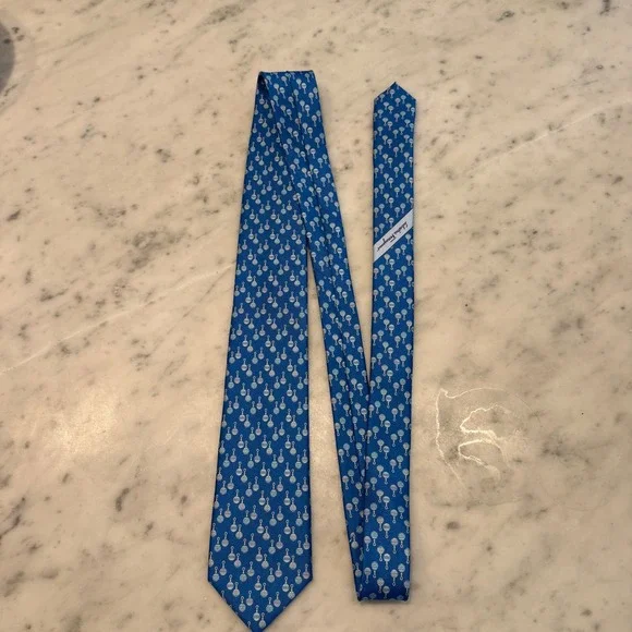 Salvatore Ferragamo Mens Blue Silk Christmas Ornament Holiday Tie Made in Italy