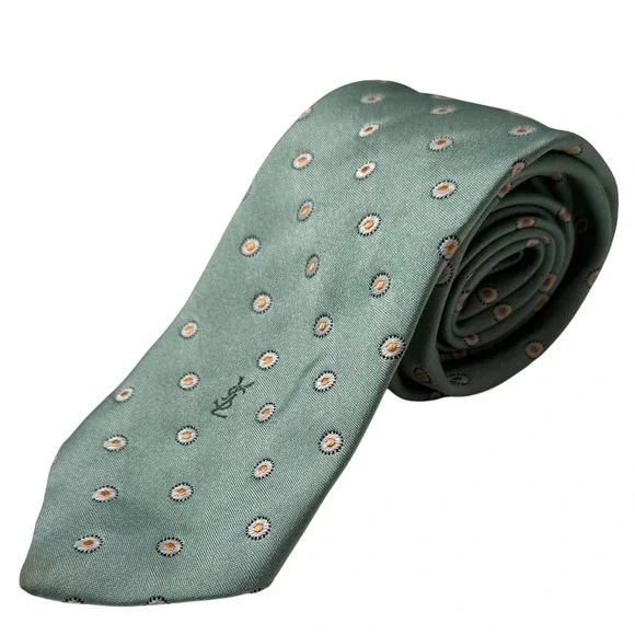 Yves Saint Laurent Tie Mens Green Geometric Medallion YSL Logo