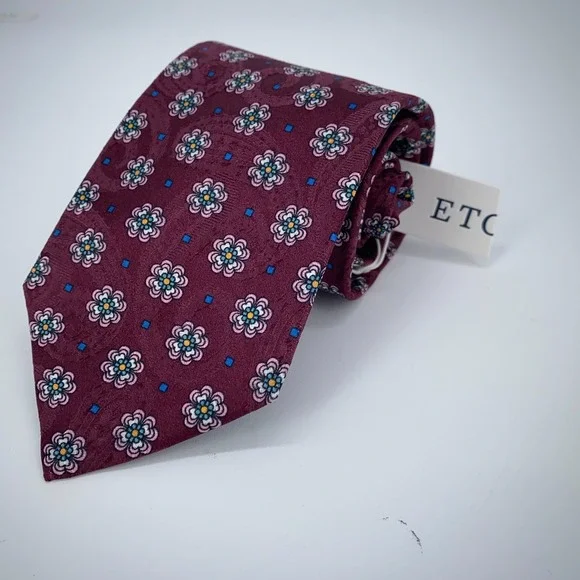 Eton Tie Mens One Size Maroon Floral‎ Silk Luxury Classic Necktie Italy Made