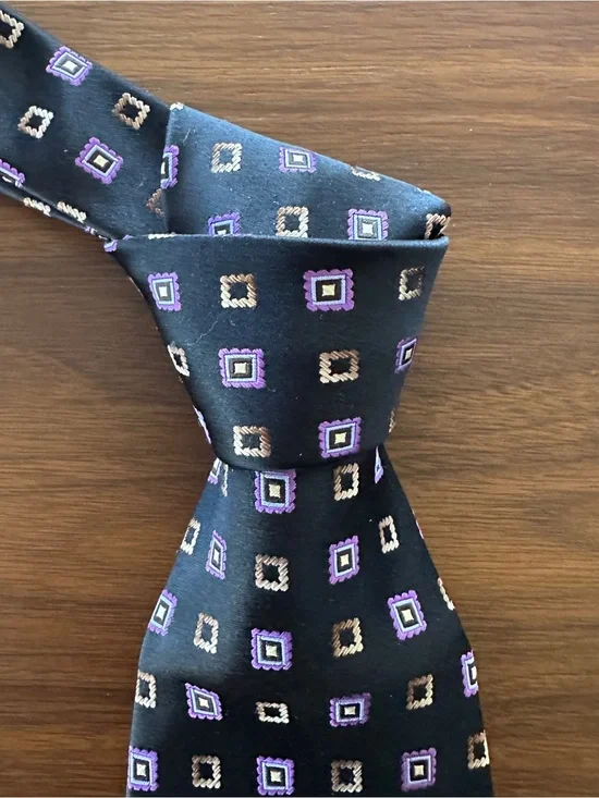 Ermenegildo Zegna Black Silk Tie with Purple and Tan Geometric Squares