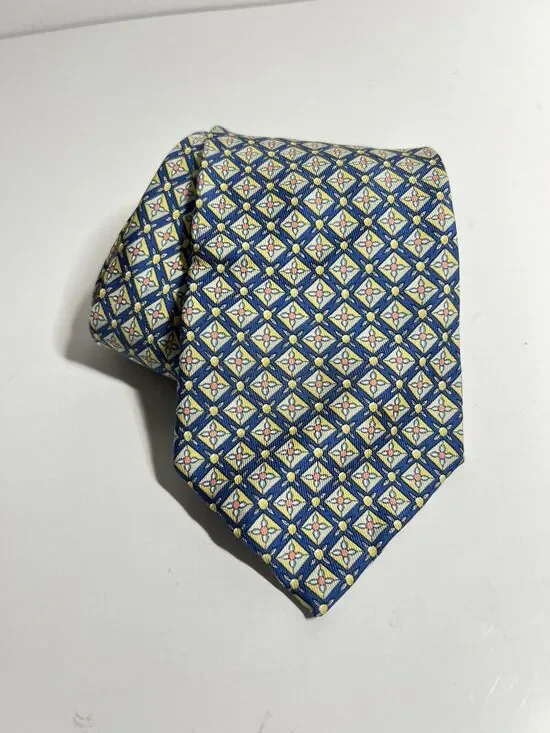 Hermes EUC Blue Flower Print 100% Silk Tie 58