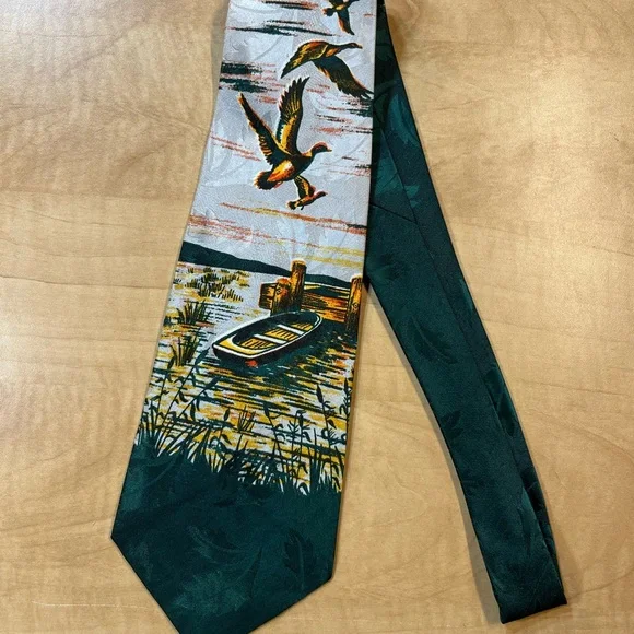 VTG Men's Bird Duck Lake Boat Nature Novelty Print Necktie Bird Life