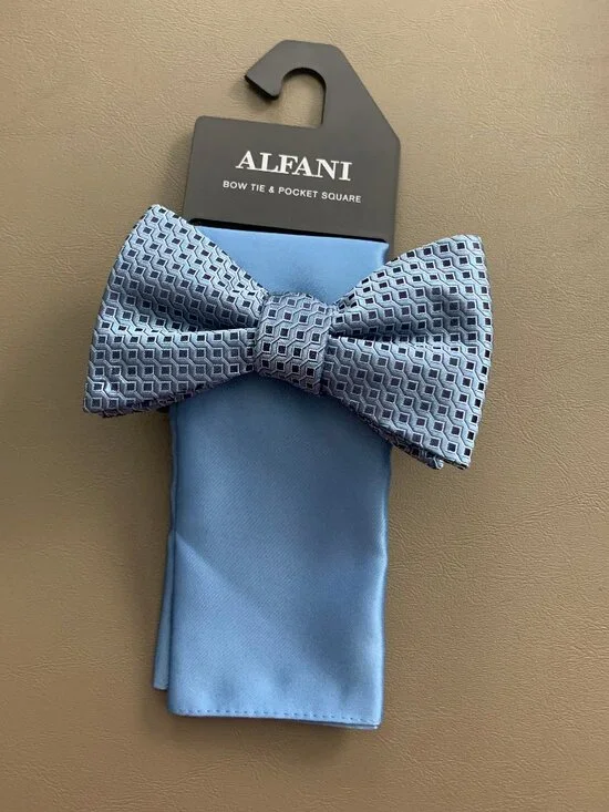 Alfani Men's 2-Piece Geometric Bow Tie and Solid Pocket Square Set, Blue Multi