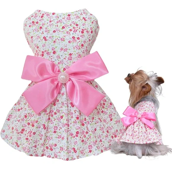 Floral Large Pink Bow Summer Celebration Dog Dress M Adjustable Velcro Waist