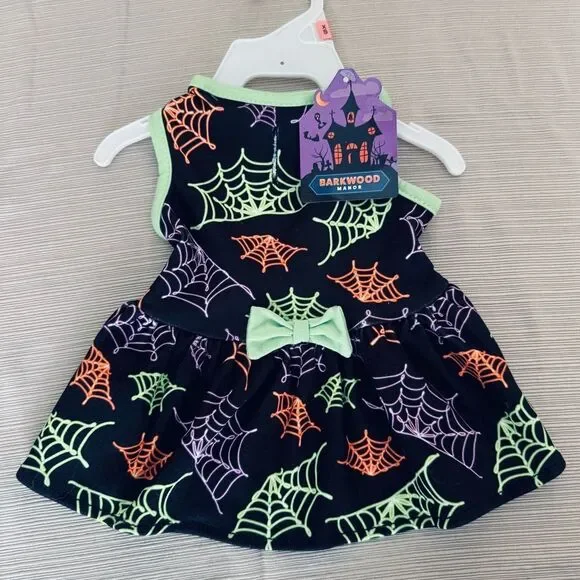 Halloween Spiderwebs Neon Print Dog Pet Fall Costume Dress XS